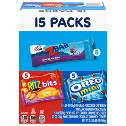 Mondelez International Zbar Chocolate Chip Snack Bars, RITZ Bits Crackers & OREO Mini Cookies, On the Go Snacks Variety Pack, 15 Snack Packs