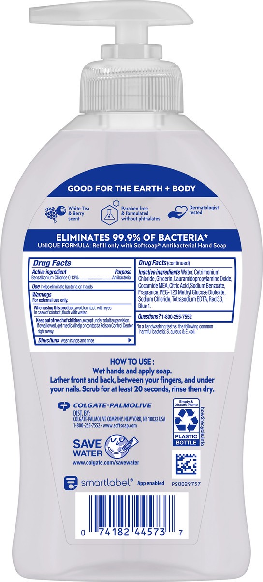 slide 6 of 7, Softsoap Antibacterial Liquid Hand Soap Pump, White Tea and Berry - 11.25 Fluid Ounce, 11.25 fl oz