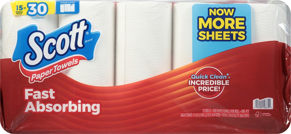 slide 3 of 10, Scott Paper Towels, Choose-A-Sheet, 15 Double Rolls = 30 Regular Rolls (108 Sheets Per Roll), 15 ct