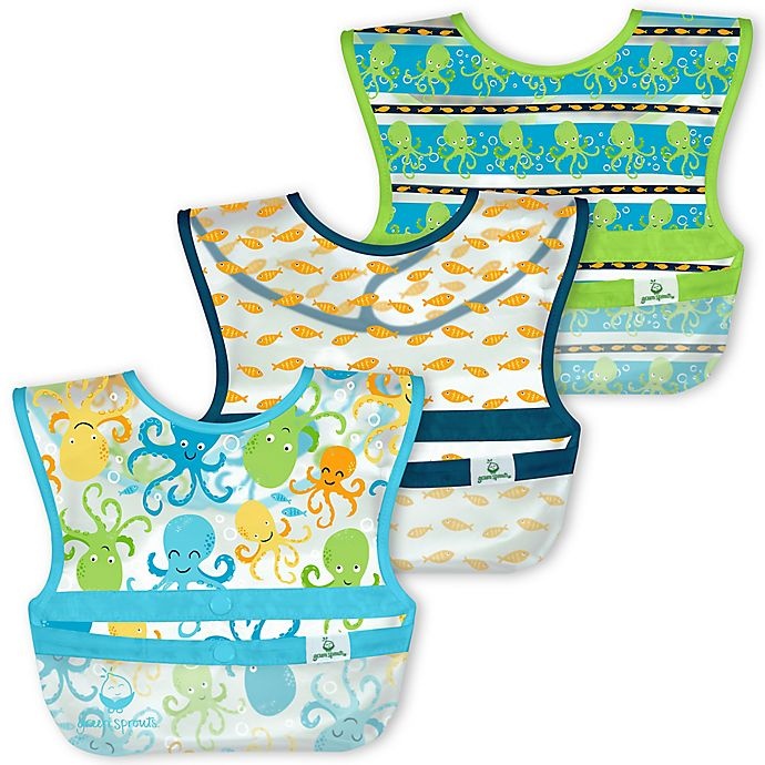 slide 1 of 4, Green Sprouts Octopus Snap & Go Wipe-Off Bibs - Aqua, 3 ct