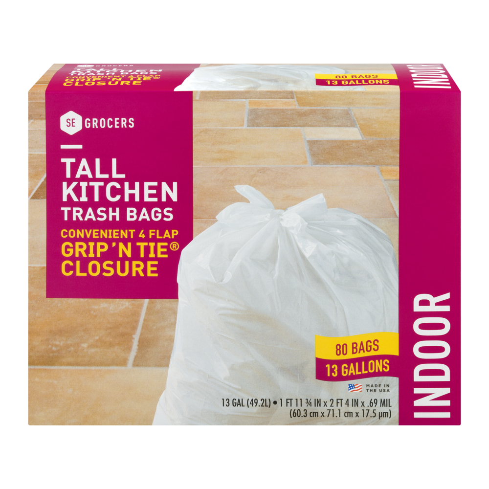 slide 1 of 1, SE Grocers Tall Kitchen Trash Bags Grip 'N Tie Closure - 80 CT, 80 ct
