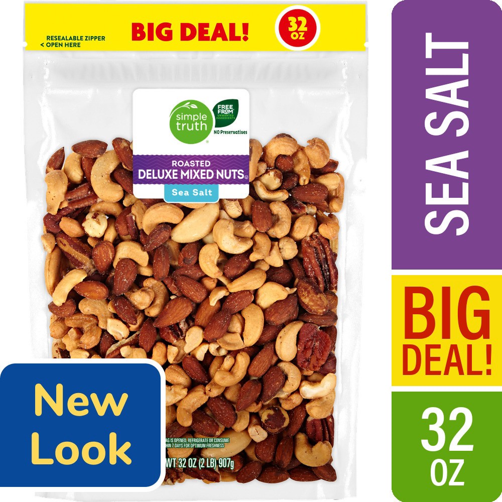 slide 1 of 4, Simple Truth Sea Salt Roasted Deluxe Mixed Nuts, 32 oz