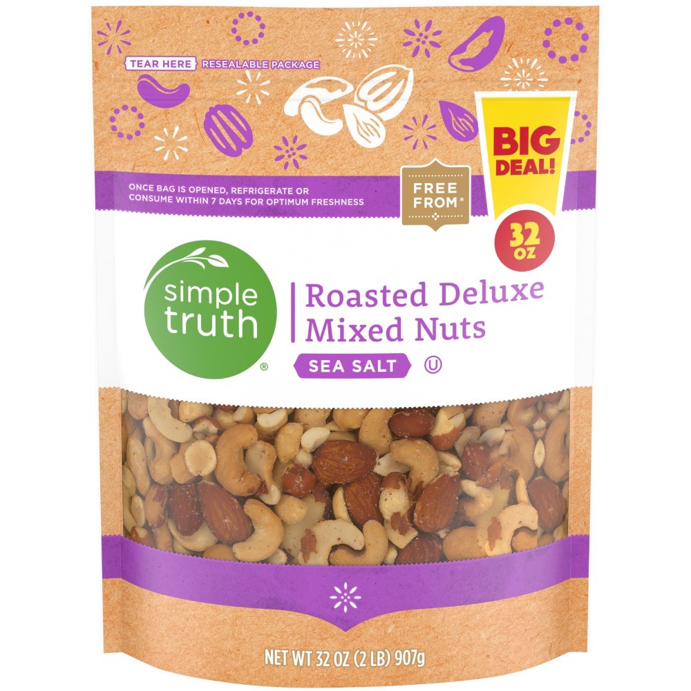 slide 1 of 4, Simple Truth Sea Salt Roasted Deluxe Mixed Nuts, 32 oz