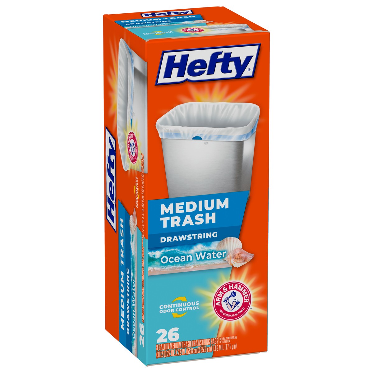 slide 4 of 9, Hefty Trash Bags, Drawstring, Medium, Ocean Water, 8 Gallon, 26 ct