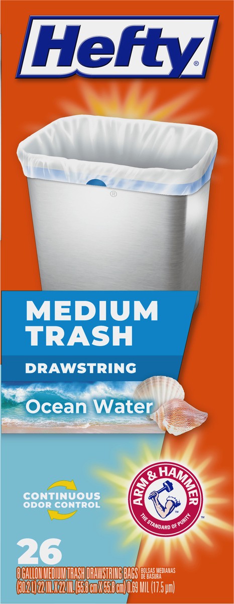 slide 6 of 9, Hefty Trash Bags, Drawstring, Medium, Ocean Water, 8 Gallon, 26 ct