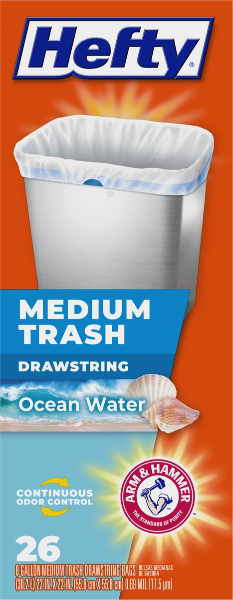 slide 9 of 9, Hefty Trash Bags, Drawstring, Medium, Ocean Water, 8 Gallon, 26 ct