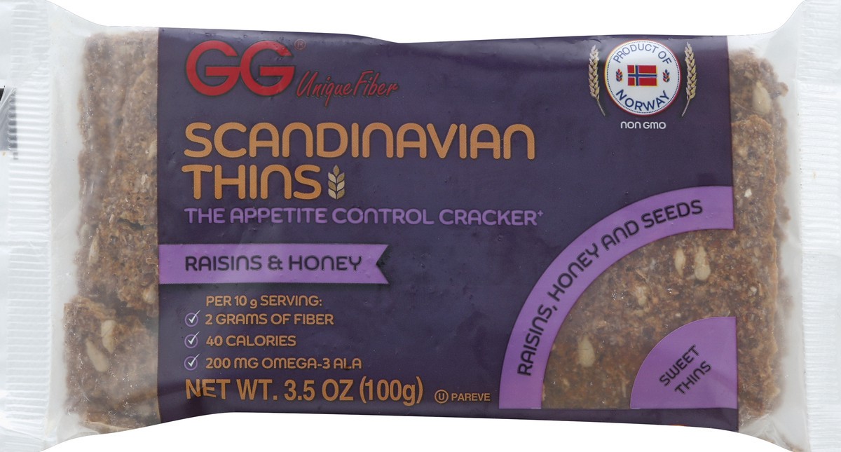 slide 5 of 6, GG Thins, Scandinavian, Raisins & Honey, 3.5 oz