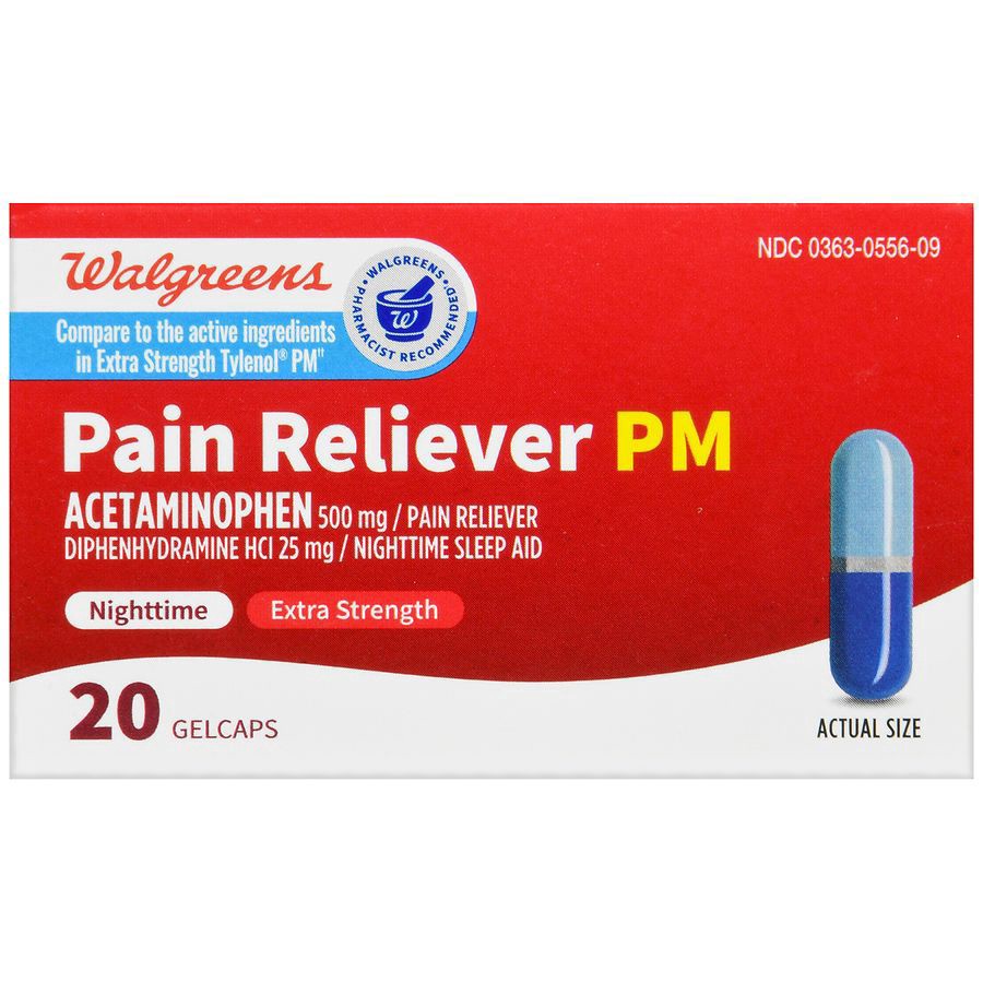 slide 4 of 5, Walgreens Extra Strength Pain Reliever Pm Acetaminophen Gelcaps 500Mg, 20 ct