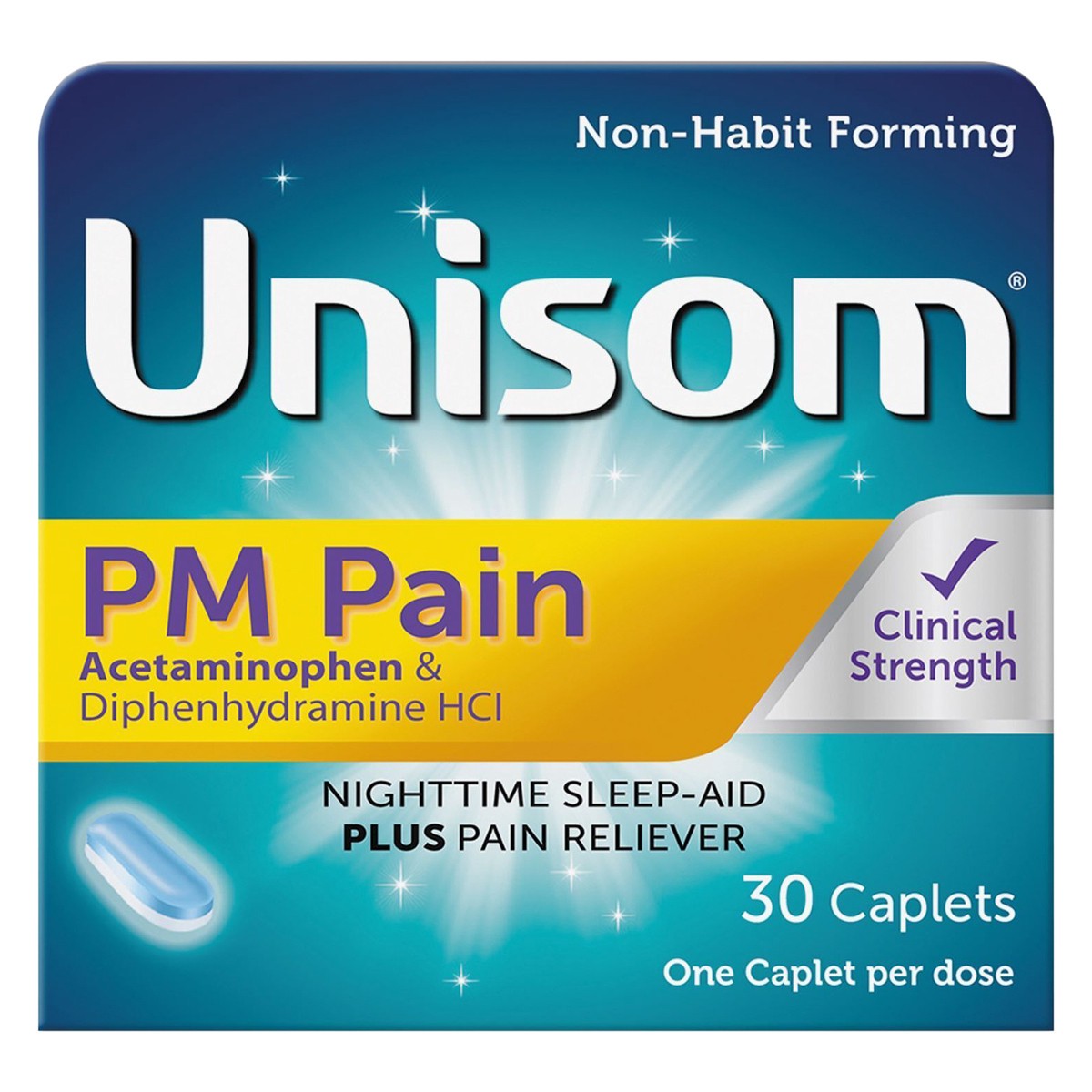 slide 1 of 6, Unisom SleepCaps PM Pain Clinical Strength Nighttime Sleep Aid Plus Pain Reliever Caplets, 30 ct