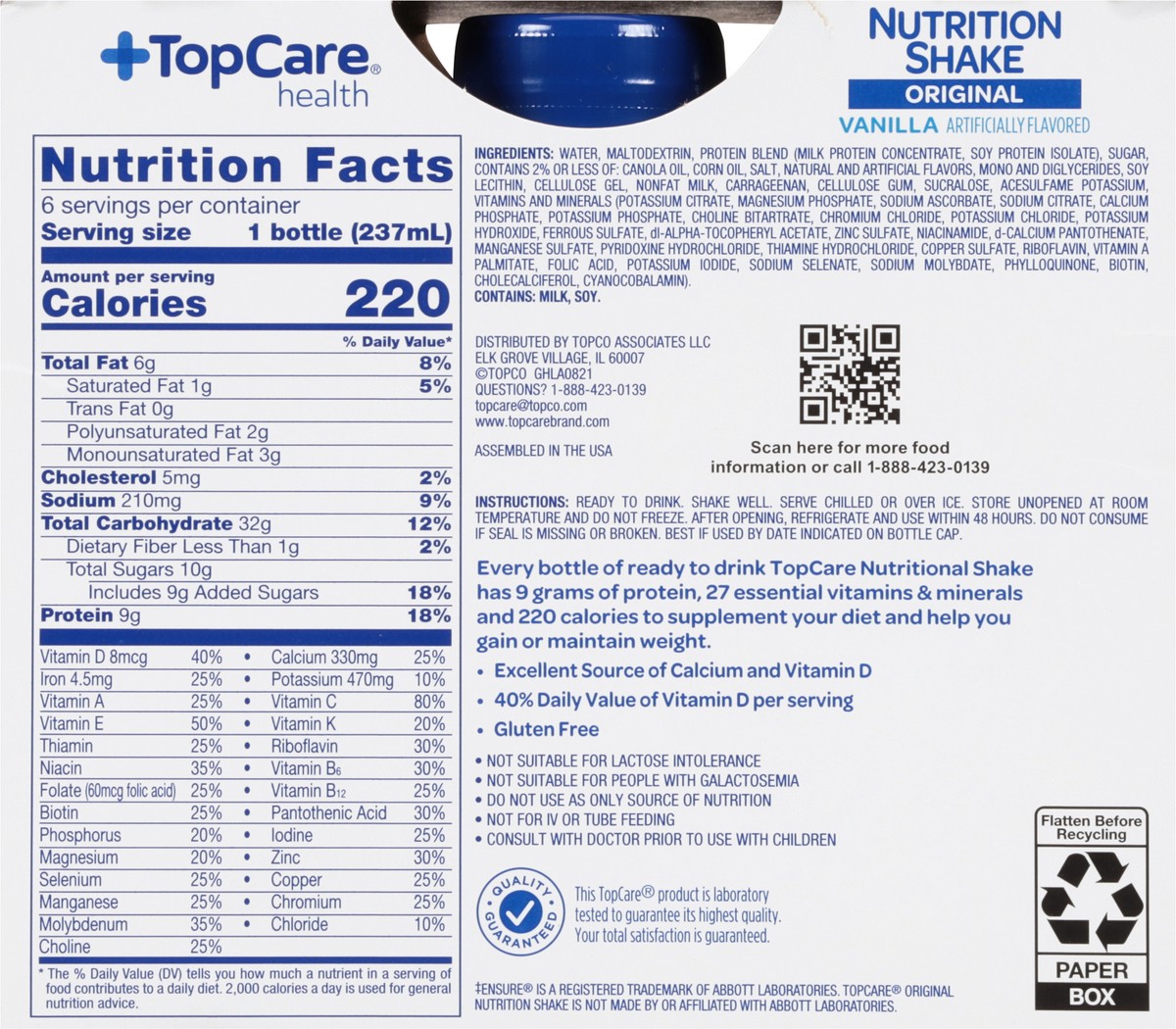 slide 8 of 9, TopCare Health Original Vanilla Nutrition Shake - 6 ct, 6 ct