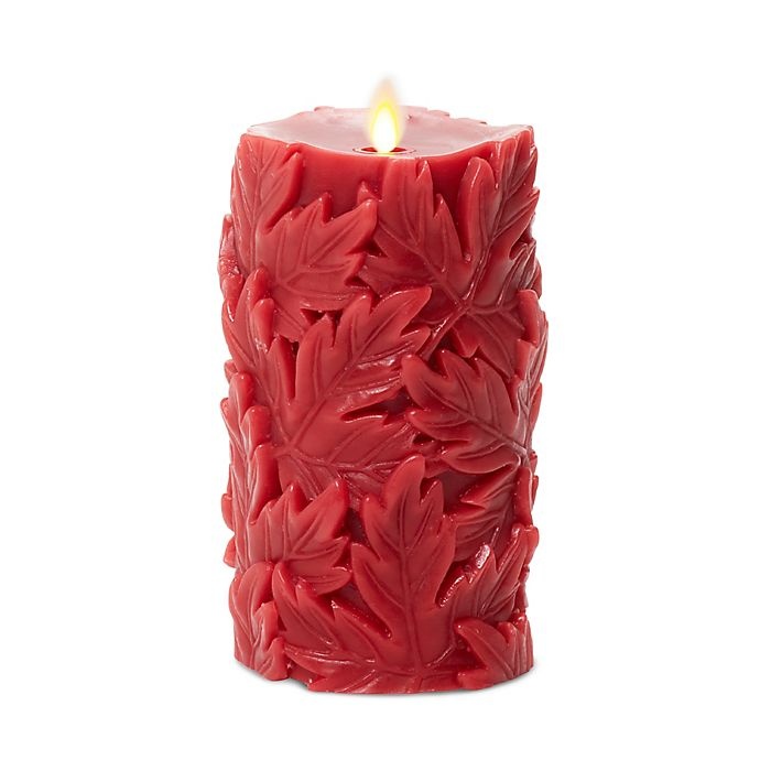 slide 1 of 4, Luminara Carved Leaf Harvest LED Pillar Candle - Red, 6 in