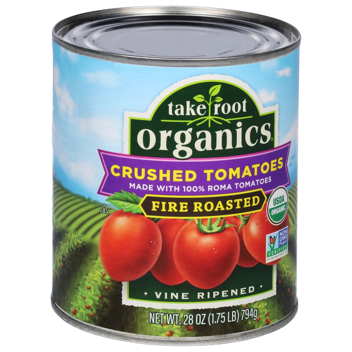 slide 6 of 13, Take Root Organics Fire Roasted Crushed Tomatoes 28 oz, 28 oz