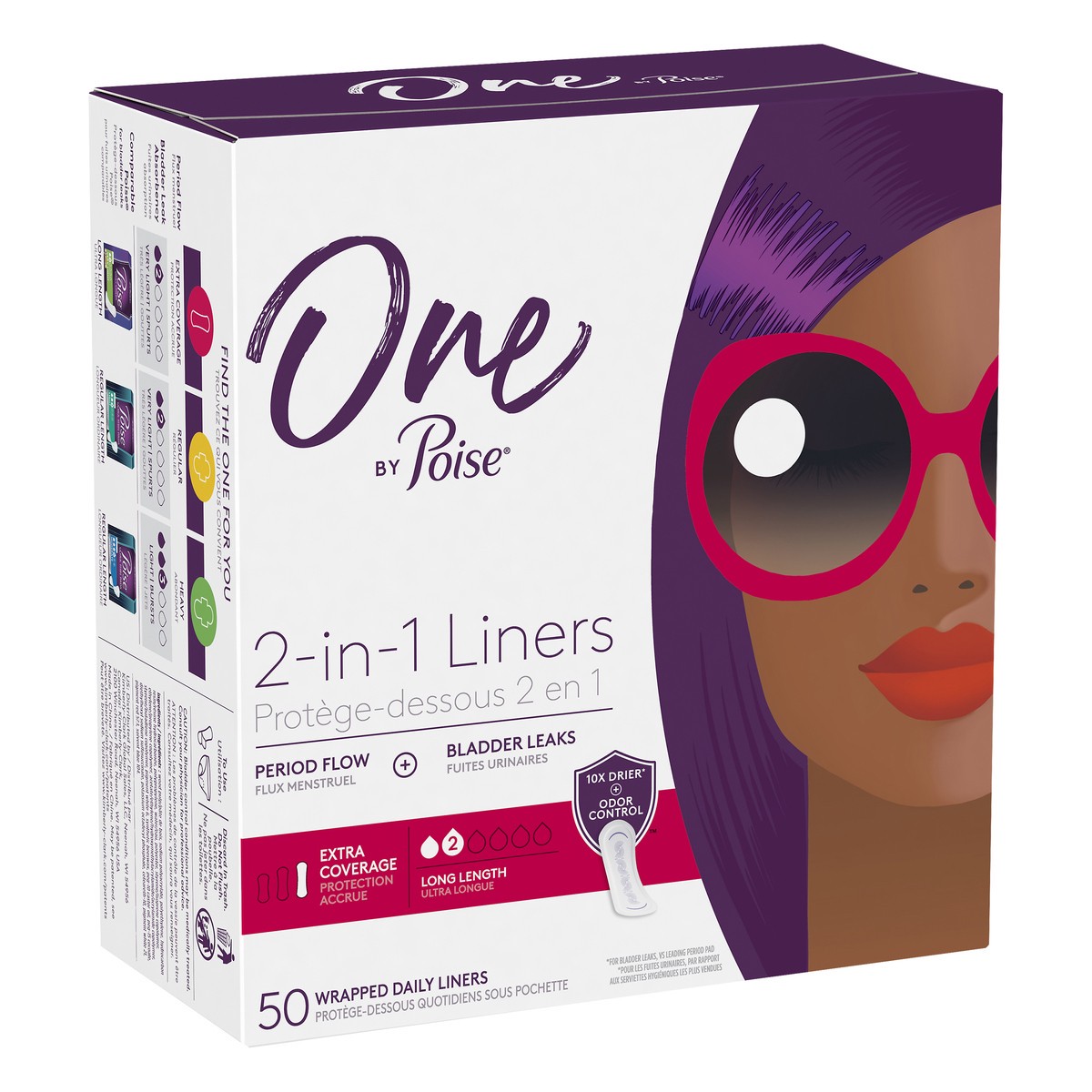 slide 2 of 9, One by Poise Long Length Extra Coverage 2-in-1 Liners 50 Liners, 50 ct