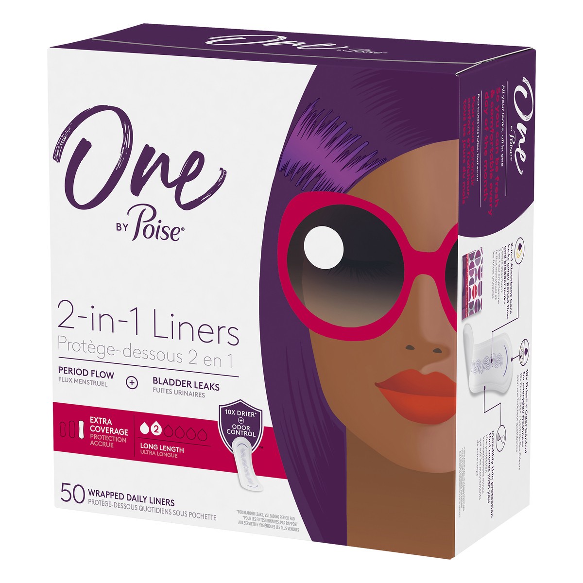 slide 3 of 9, One by Poise Long Length Extra Coverage 2-in-1 Liners 50 Liners, 50 ct