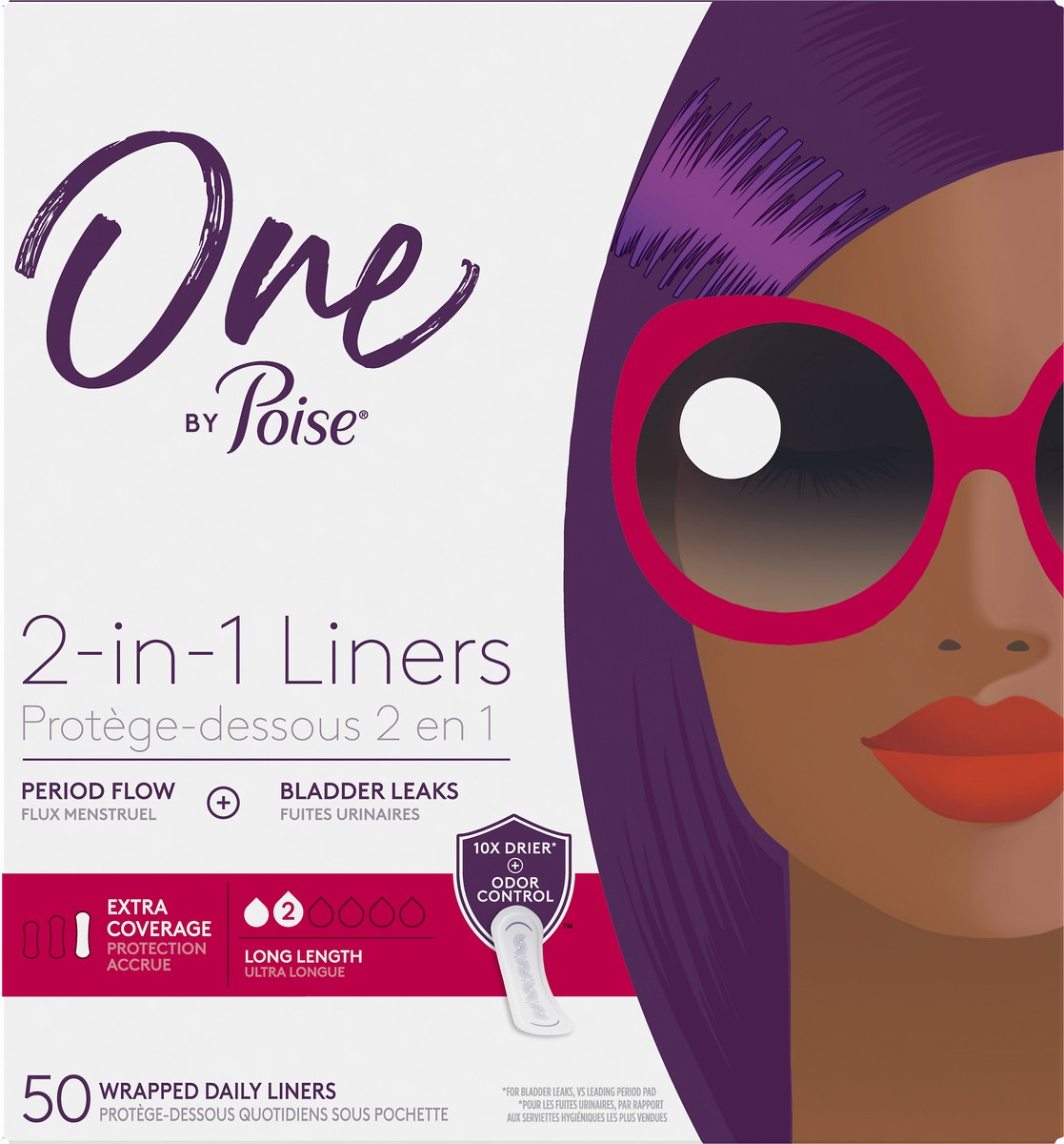 slide 6 of 9, One by Poise Long Length Extra Coverage 2-in-1 Liners 50 Liners, 50 ct