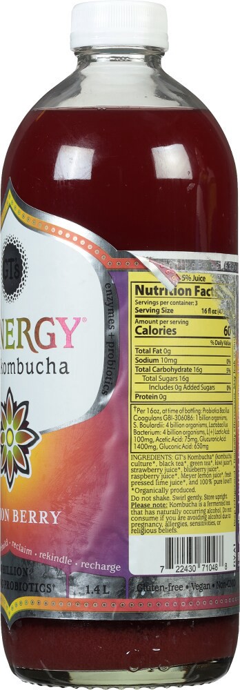 slide 4 of 4, GT's Organic Lemon Berry Synergy Kombucha - 48 fl oz, 48 fl oz