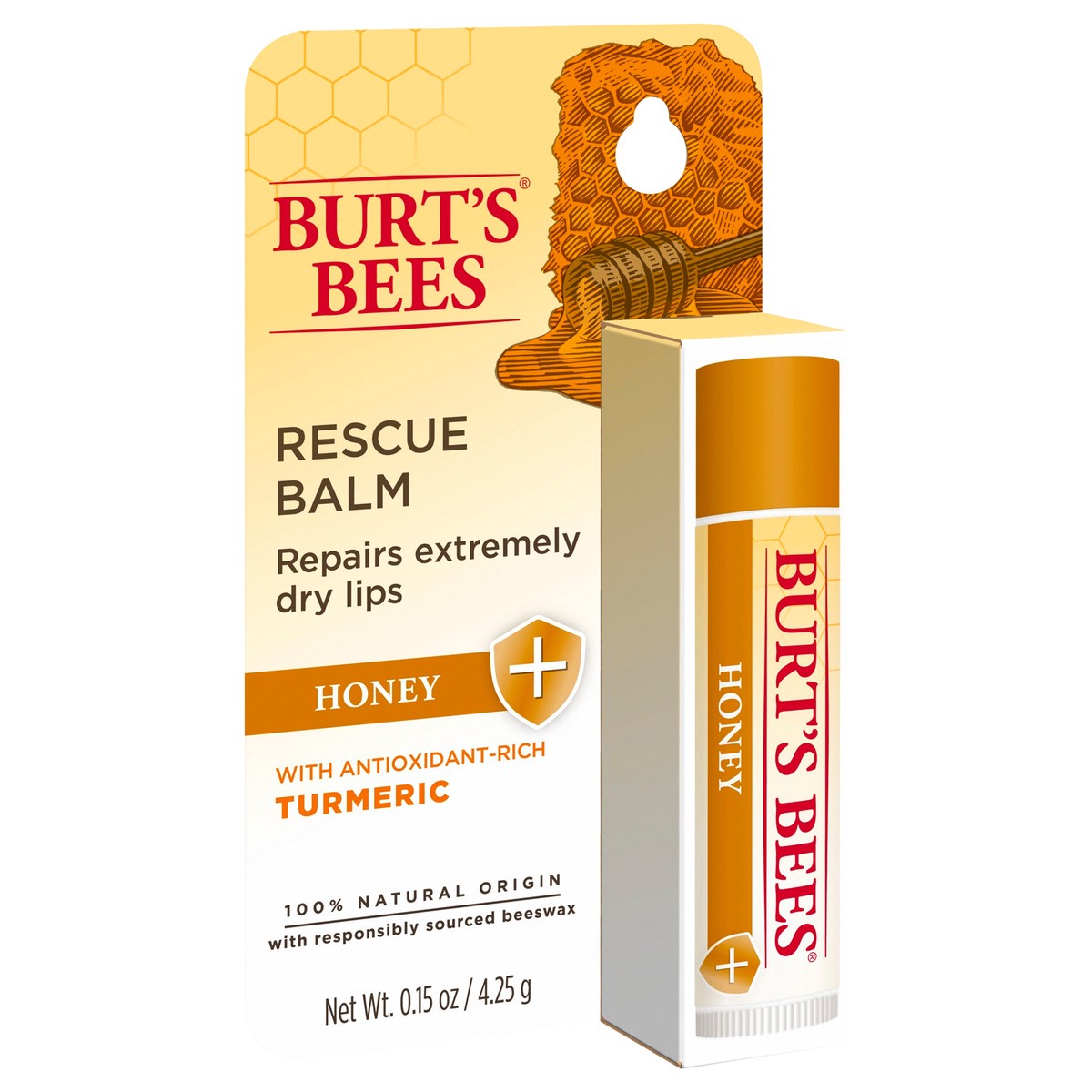 slide 3 of 8, Burt's Bees 100% Natural Origin Rescue Lip Balm With Beeswax and Antioxidant-Rich Turmeric Promotes Healing Of Extremely Dry Lips, Honey, 1 Tube in Blister Box, 1 ct