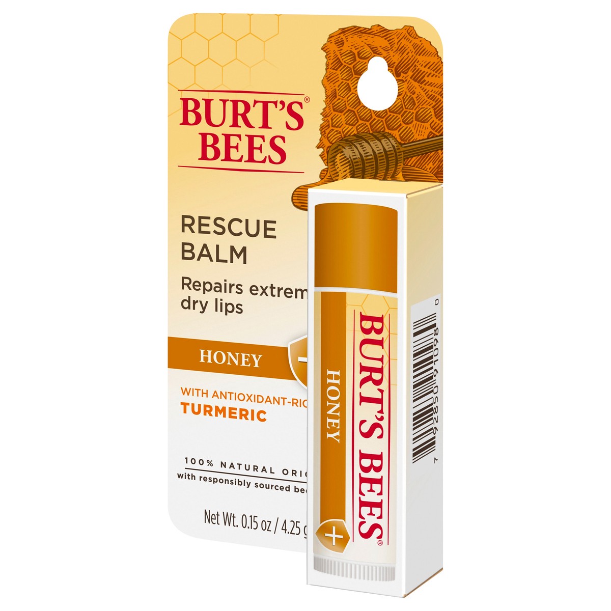 slide 4 of 8, Burt's Bees 100% Natural Origin Rescue Lip Balm With Beeswax and Antioxidant-Rich Turmeric Promotes Healing Of Extremely Dry Lips, Honey, 1 Tube in Blister Box, 1 ct