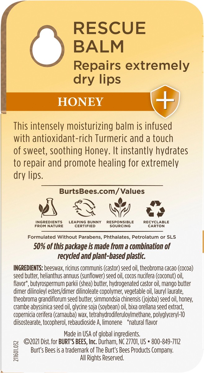 slide 8 of 8, Burt's Bees 100% Natural Origin Rescue Lip Balm With Beeswax and Antioxidant-Rich Turmeric Promotes Healing Of Extremely Dry Lips, Honey, 1 Tube in Blister Box, 1 ct