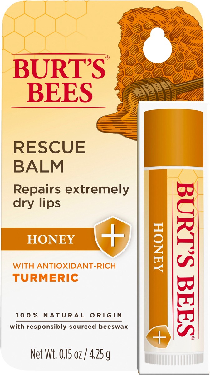 slide 7 of 8, Burt's Bees 100% Natural Origin Rescue Lip Balm With Beeswax and Antioxidant-Rich Turmeric Promotes Healing Of Extremely Dry Lips, Honey, 1 Tube in Blister Box, 1 ct