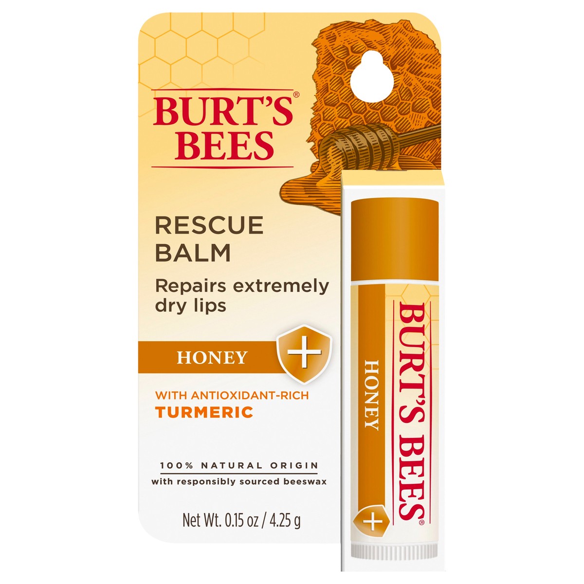 slide 1 of 8, Burt's Bees 100% Natural Origin Rescue Lip Balm With Beeswax and Antioxidant-Rich Turmeric Promotes Healing Of Extremely Dry Lips, Honey, 1 Tube in Blister Box, 1 ct