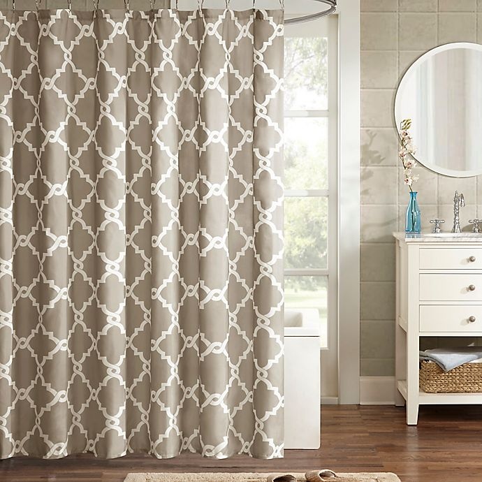 slide 1 of 4, Madison Park Essentials Merritt Printed Fretwork Shower Curtain - Taupe, 1 ct