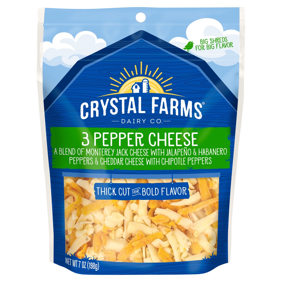 slide 3 of 6, Crystal Farms Shredded Thick Cut 3 Pepper Cheese, 7 oz, 7 oz