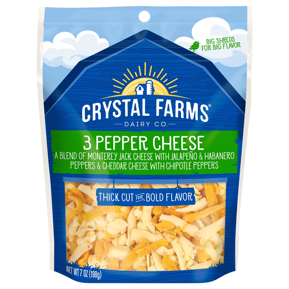 slide 1 of 6, Crystal Farms Shredded Thick Cut 3 Pepper Cheese, 7 oz, 7 oz