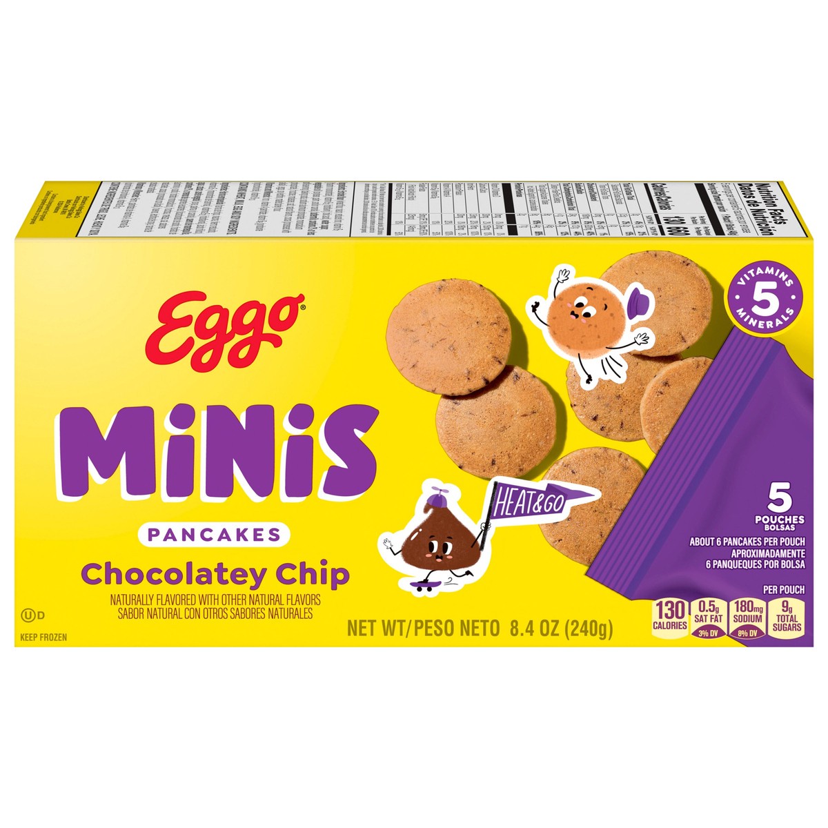 slide 1 of 5, Eggo Minis Frozen Pancake Bites, Frozen Breakfast, Breakfast Food, Chocolatey Chip, 8.4oz Box, 5 Pouches, 8.4 oz