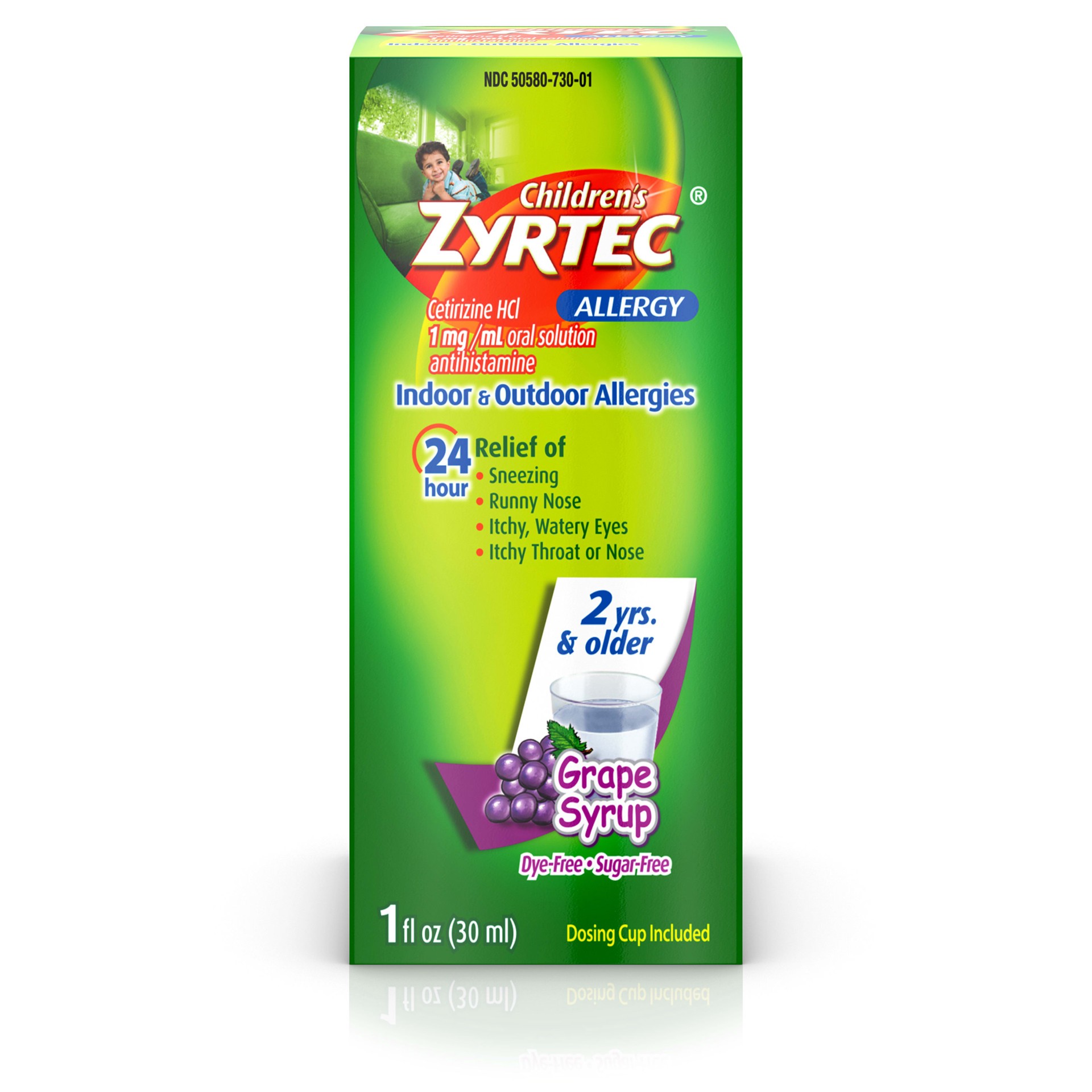 slide 1 of 9, Children's Zyrtec 24 Hour Allergy Relief Syrup, 5 mg Cetirizine HCl Antihistamine, Kids Allergy Medicine for Indoor & Outdoor Allergy Relief, Dye-Free & Sugar-Free, Grape, 1 fl. oz , 1 fl oz