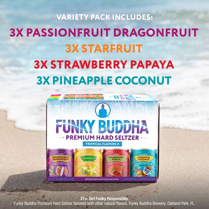 slide 4 of 5, Funky Buddha Premium Hard Seltzer Tropical Variety Pack, 12 pk 12 fl oz Cans, 4.5% ABV, 144 fl oz