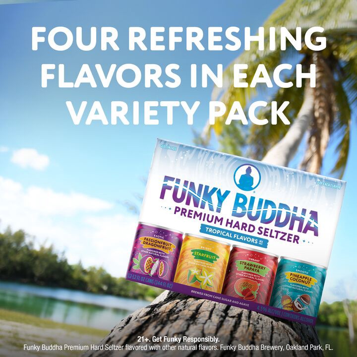 slide 2 of 5, Funky Buddha Premium Hard Seltzer Tropical Variety Pack, 12 pk 12 fl oz Cans, 4.5% ABV, 144 fl oz