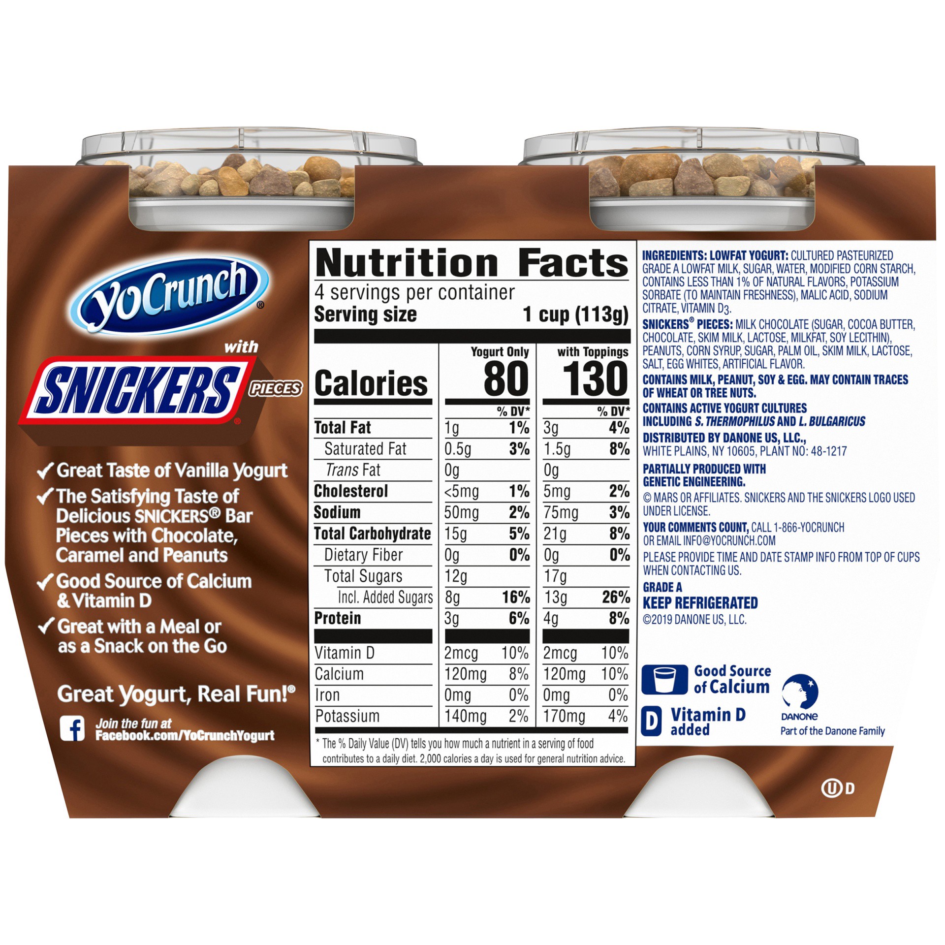 slide 2 of 7, YoCrunch Low Fat Vanilla Yogurt with Snickers Candy Pieces, 4 oz., 4 Pack, 4 oz