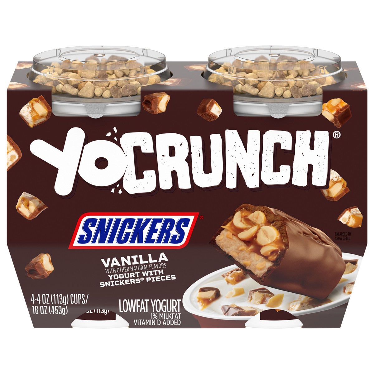slide 1 of 7, YoCrunch Low Fat Vanilla Yogurt with Snickers Candy Pieces, 4 oz., 4 Pack, 16 oz