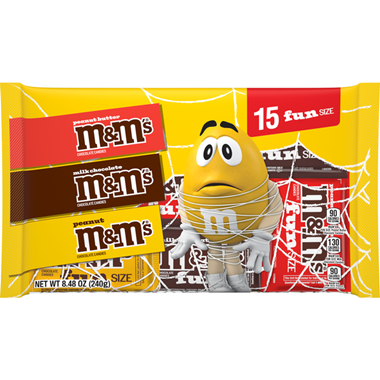 slide 1 of 1, M&M's Milk Chocolate, Peanut & Peanut Butter Fun Size Halloween Candy Variety Pack, 15 Ct Bag, 8.48 oz