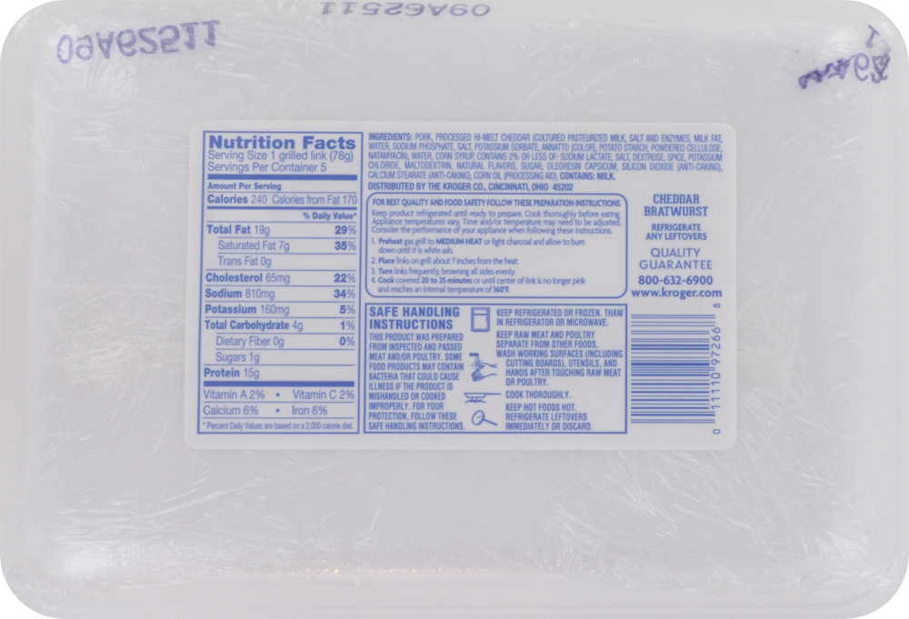 slide 2 of 2, Kroger Cheddar Bratwurst, 18 oz