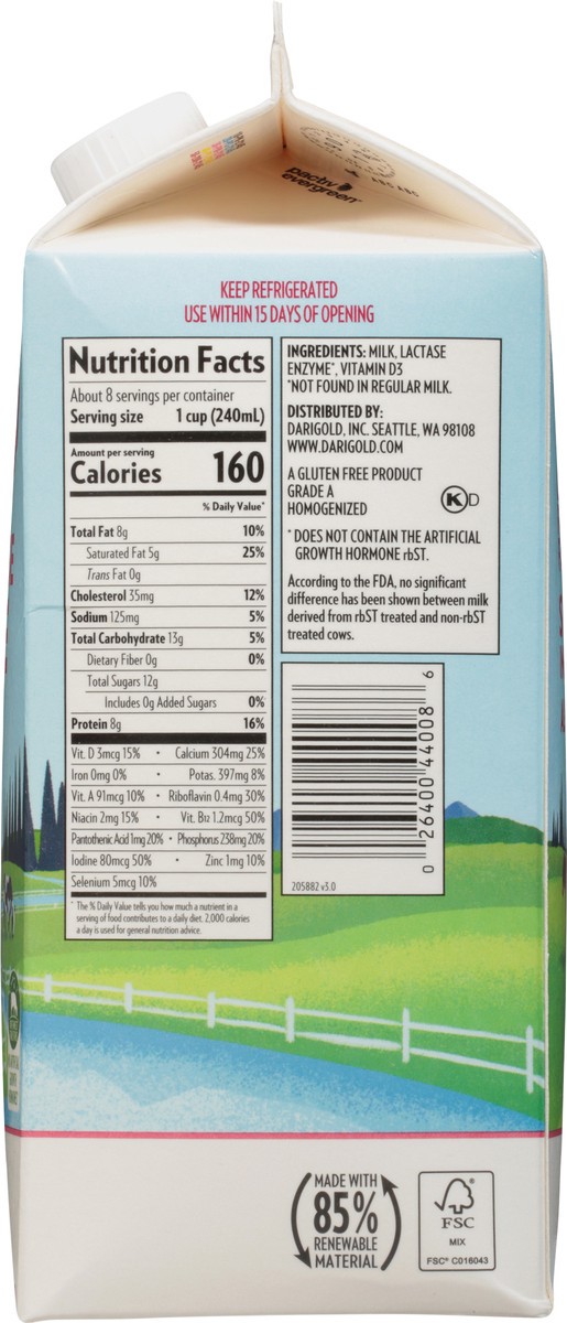 slide 8 of 9, Darigold 100% Lactose Free Whole Milk, 64 fl oz
