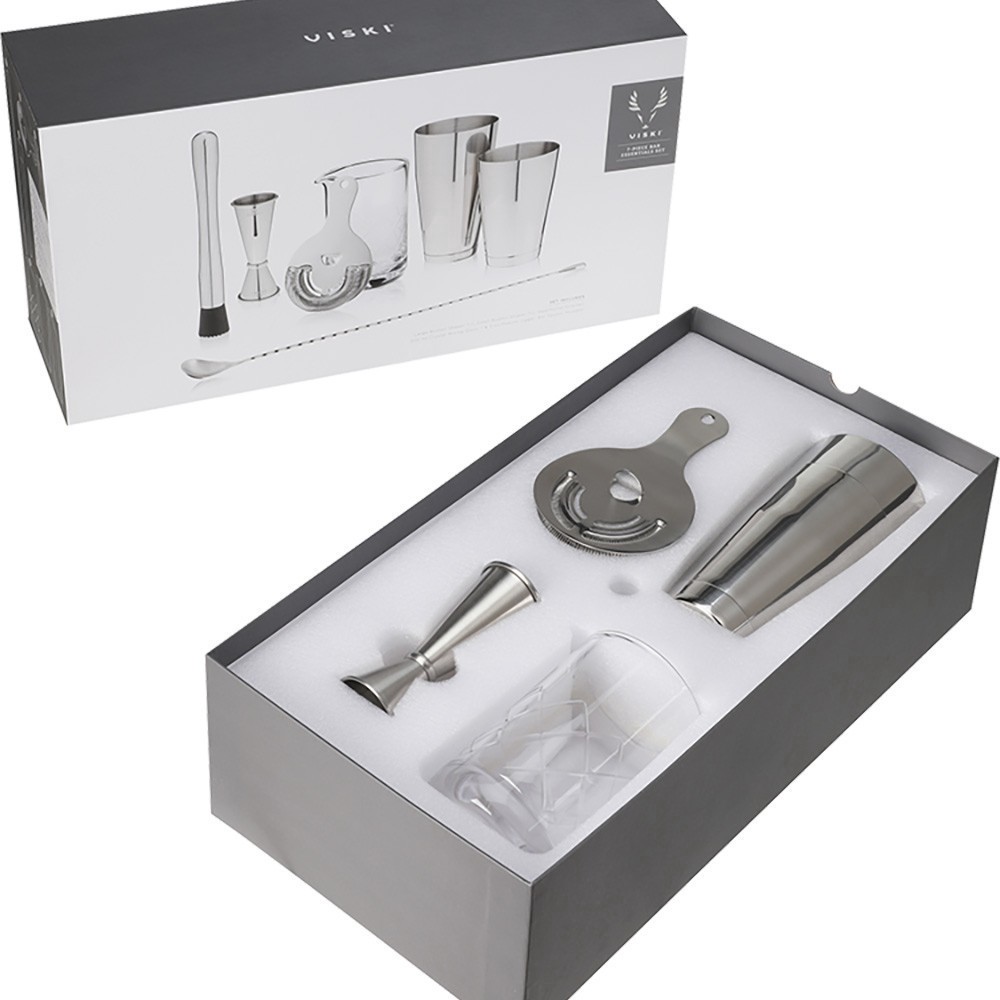 slide 1 of 1, Viski 7 Piece Barware Essentials Set | Includes Crystal Mixing Glass, Hawthorne Strainer, Bar Spoon, 2 Boston Shaker Tins, Muddler, and Jigger, 1 ct