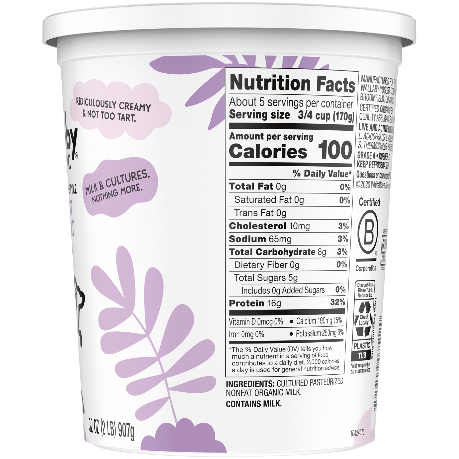 slide 5 of 5, Wallaby Organic Aussie Greek Nonfat Yogurt, Plain, USDA Organic, 32 oz., 32 oz