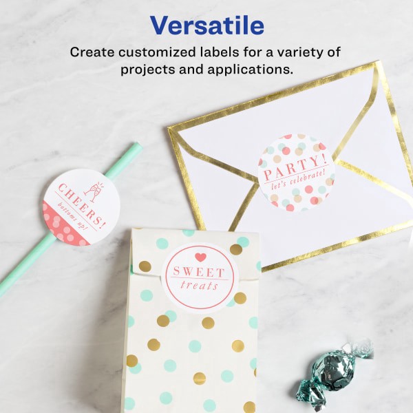 slide 4 of 10, Avery Easy Peel Trueblock Print-To-The-Edge Inkjet/Laser Labels, Round, 22830, 2 1/2" Diameter, Glossy White, Pack Of 90, 90 ct