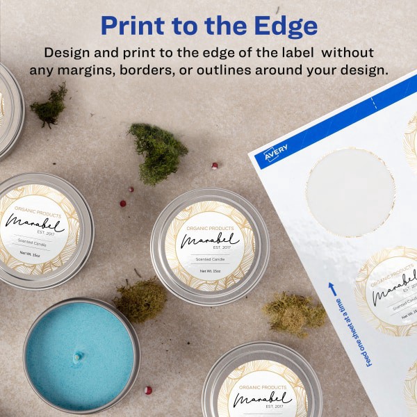 slide 10 of 10, Avery Easy Peel Trueblock Print-To-The-Edge Inkjet/Laser Labels, Round, 22830, 2 1/2" Diameter, Glossy White, Pack Of 90, 90 ct