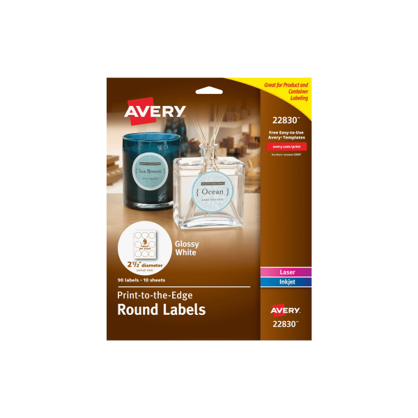 slide 8 of 10, Avery Easy Peel Trueblock Print-To-The-Edge Inkjet/Laser Labels, Round, 22830, 2 1/2" Diameter, Glossy White, Pack Of 90, 90 ct