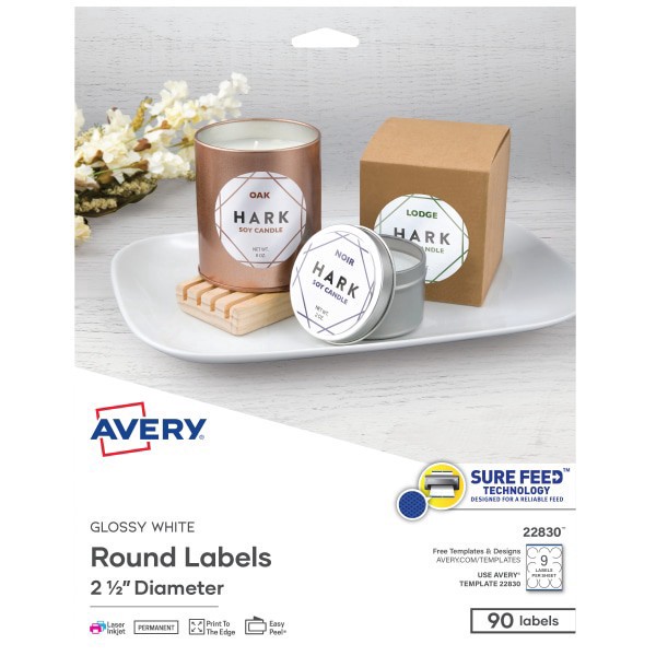 slide 1 of 10, Avery Easy Peel Trueblock Print-To-The-Edge Inkjet/Laser Labels, Round, 22830, 2 1/2" Diameter, Glossy White, Pack Of 90, 90 ct