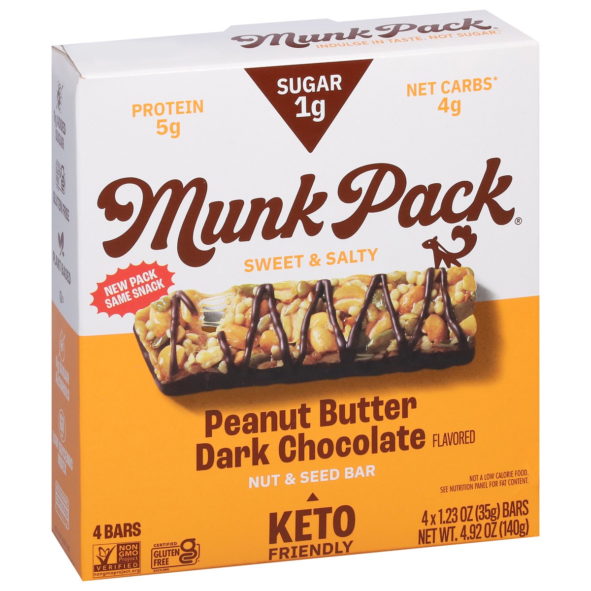 slide 3 of 9, Munk Pack Sweet & Salty Peanut Butter Dark Chocolate Nut & Seed Bar 4 - 1.23 oz Wrappers, 4 ct