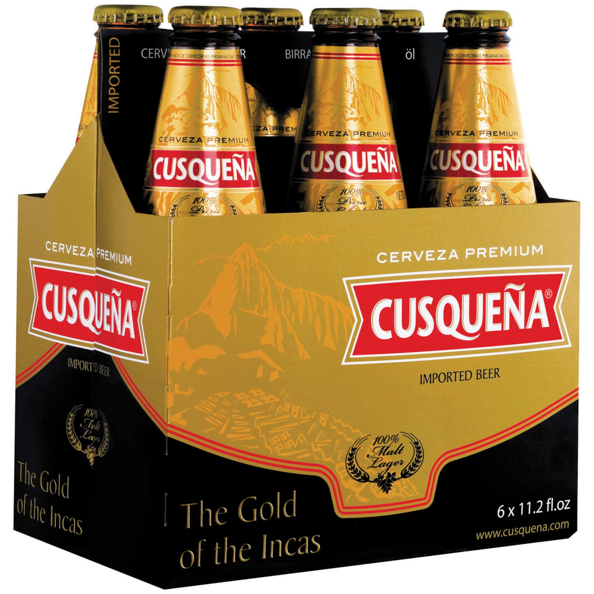 slide 1 of 3, Cusqueña Beer, Peru-American Style Lager, 6 Pack, 11 fl. oz. Bottles, 5% ABV, 33 cl