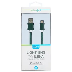 Techcellent Lightning to USB-A Charge & Sync Braided Cable, 10 ft Hunter Green