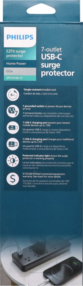 slide 3 of 4, Philips 7-Oultet USB-A USB-C Surge Protector, 1 ct