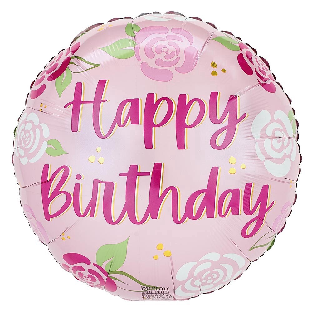 slide 1 of 1, Burton + Burton Happy Birthday Pink Roses Balloon, 1 ct