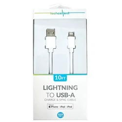 Techcellent Lightning to USB-A Charge & Sync Braided Cable, 10 ft White