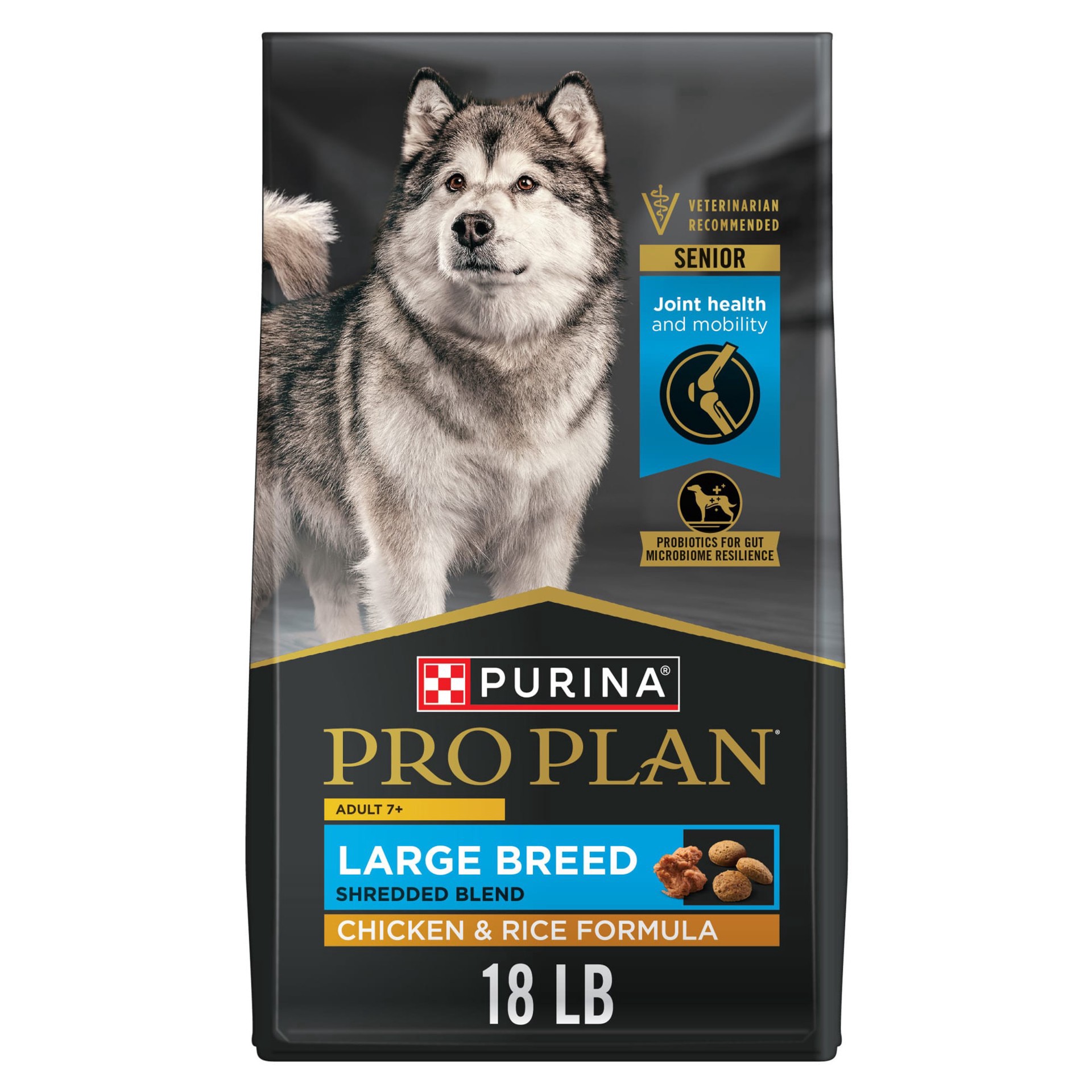 slide 1 of 1, Purina Pro Plan Large Breed Adult 7 Plus Shredded Blend Chicken and Rice Formula Senior Dog Food, 18 lb